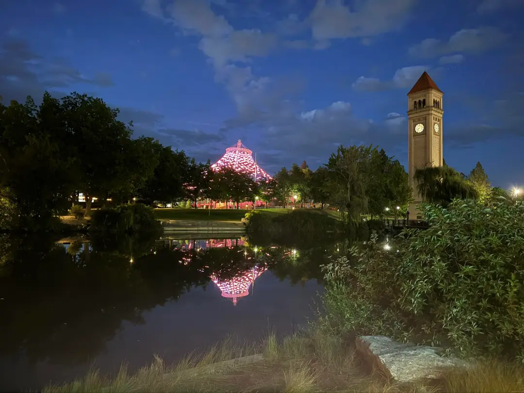 Spokane Riverfront Park with the Clocktower and Pavilion at night